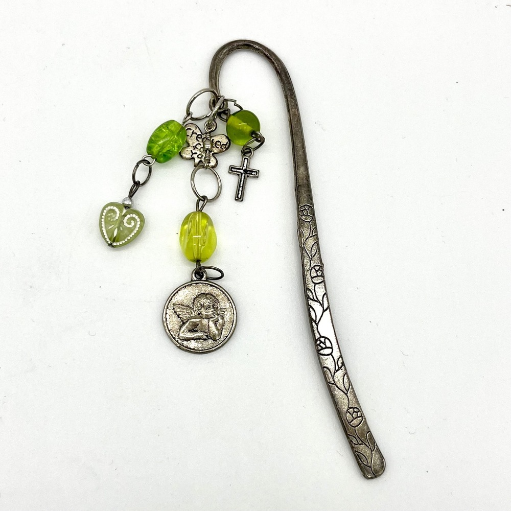 Handmade Beaded Bookmark Angel Charm, Cross, Heart,‎ Flower, Green Silver tone